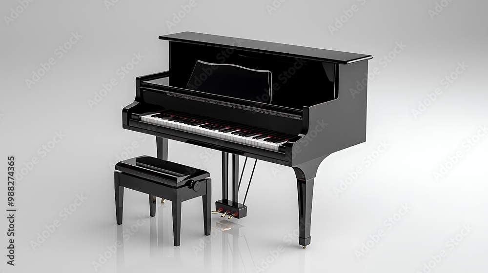 A black grand piano and stool sit elegantly on a white background, a striking contrast in monochrome. A black grand piano and stool sit elegantly on a white background, a striking contrast in monochrome.