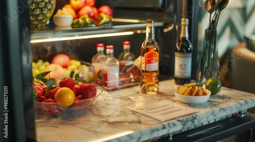 In-Room Mini Bar: A convenient compact fridge stocked with a variety of snacks, beverages, and mini alcohol bottles, accompanied by a price list on the counter.
