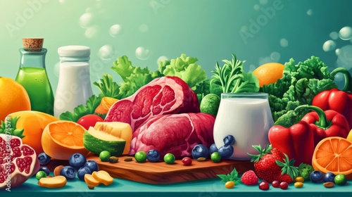 Fruits, vegetables, quality meat, milk and selenium elements, business illustration style