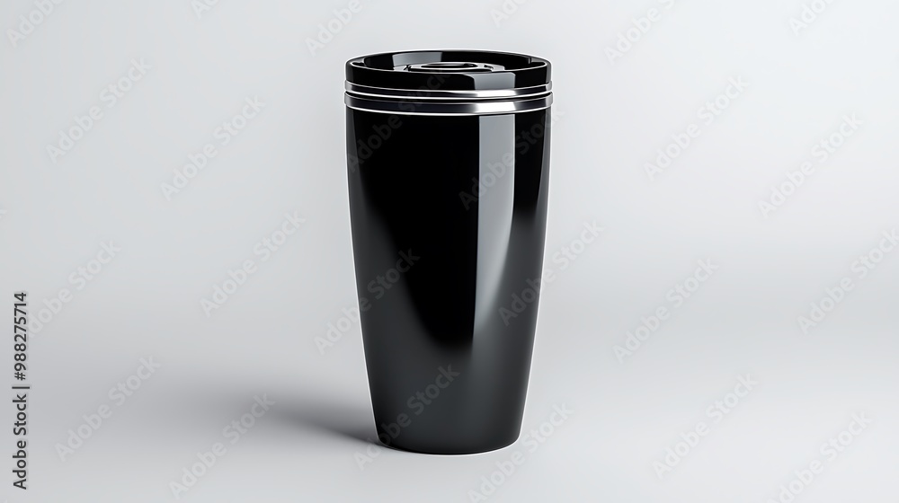 A sleek black travel mug with silver trim combines style with practicality. A sleek black travel mug with silver trim combines style with practicality.