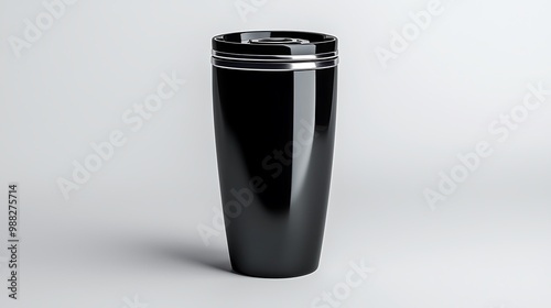 A sleek black travel mug with silver trim combines style with practicality.