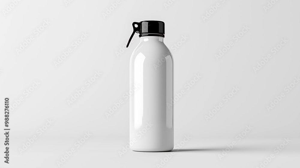 A white water bottle with a black lid and trigger sprayer stands as a clean and modern design. A white water bottle with a black lid and trigger sprayer stands as a clean and modern design.