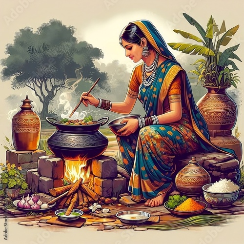 Indian Beautiful Woman Cooking Food in Open Kitchen Illustration.