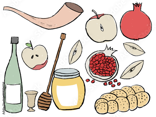 Jewish new year celebration elements, Happy Rosh Hashanah greetings, New year greetings, Shanah Tovah