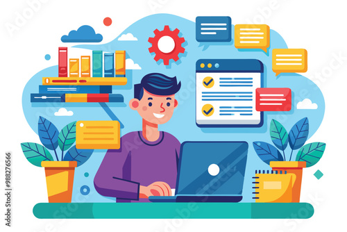 A person actively performs data entry while surrounded by vibrant elements, showcasing a dynamic and organized workspace with plants and books.