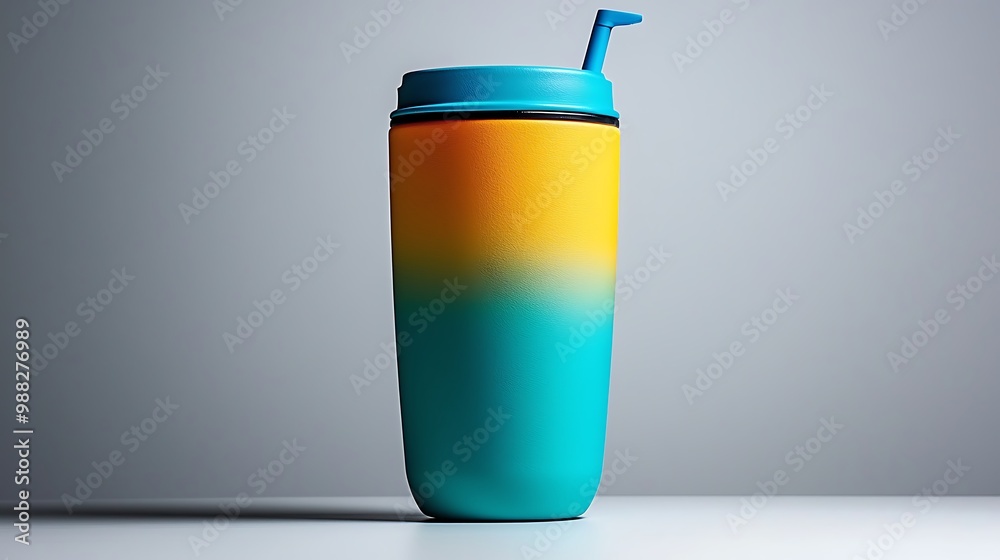 A gradient reusable water bottle, fading from yellow to blue, comes equipped with a convenient straw. A gradient reusable water bottle, fading from yellow to blue, comes equipped with a convenient straw.