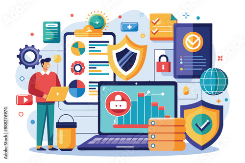 A professional analyzes data entry security trends using charts and a laptop while surrounded by visual elements representing protection and technology.