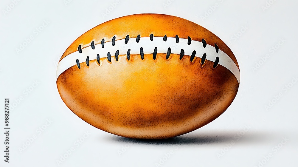 A brown leather rugby ball with a white stripe and black stitching waits for a match. A brown leather rugby ball with a white stripe and black stitching waits for a match.