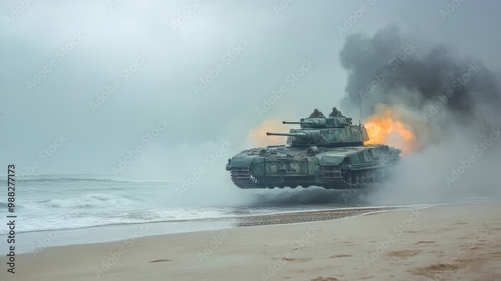 A military tank advances through smoke and flames on a beach, showcasing power and resilience in a dramatic coastal setting. A military tank advances through smoke and flames on a beach, showcasing power and resilience in a dramatic coastal setting.