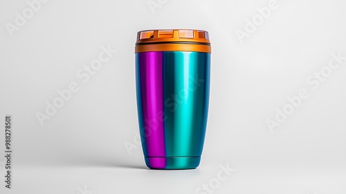 A colorful stainless steel travel mug with an orange lid stands out, vibrant and practical.