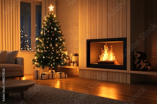 Cozy room with fireplace and Christmas tree, warm light