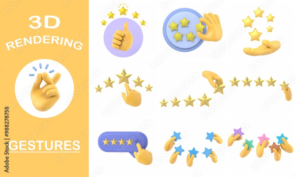 Fototapeta premium 3d rendering gestures Collection,Cartoon Gesture Icon Mockup.Star rating. Businessman holding a gold star in hand,to give five. Feedback concept. Evaluation system. Positive review. Quality work. 