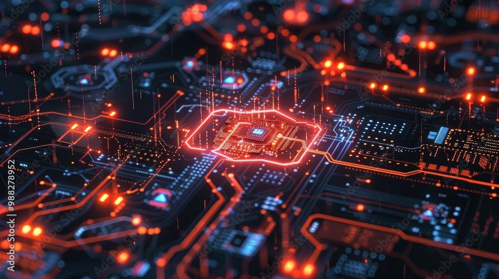 Glowing cybersecurity emblem floating over circuitry Glowing cybersecurity emblem floating over circuitry