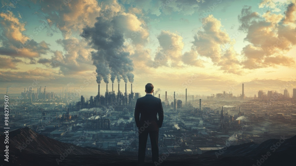 Fototapeta premium A businessman surveys a polluted city skyline, reflecting on environmental issues and the impact of industry on nature.
