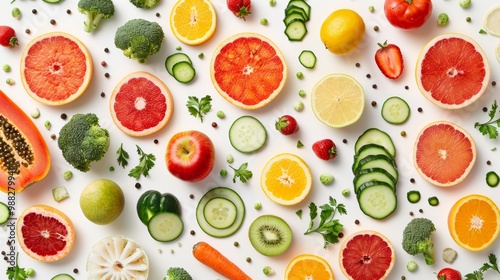 Vibrant display of fruits and vegetables in diagonal composition on a bright white table