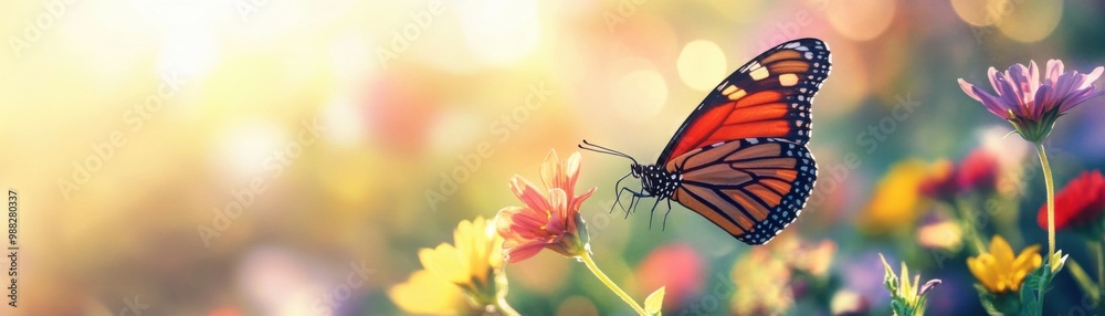 Fototapeta premium A butterfly is flying over a field of flowers