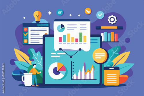 A detailed data report showcases colorful graphs and charts within a modern workspace, emphasizing customization and analytical insights.