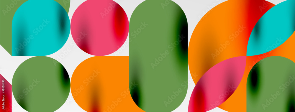 Mosaic geometric elements. Colorful circles, round geometric shapes and lines with shadow 3d effects. Simple forms abstract background for wallpaper, banner, template or landing Mosaic geometric elements. Colorful circles, round geometric shapes and lines with shadow 3d effects. Simple forms abstract background for wallpaper, banner, template or landing