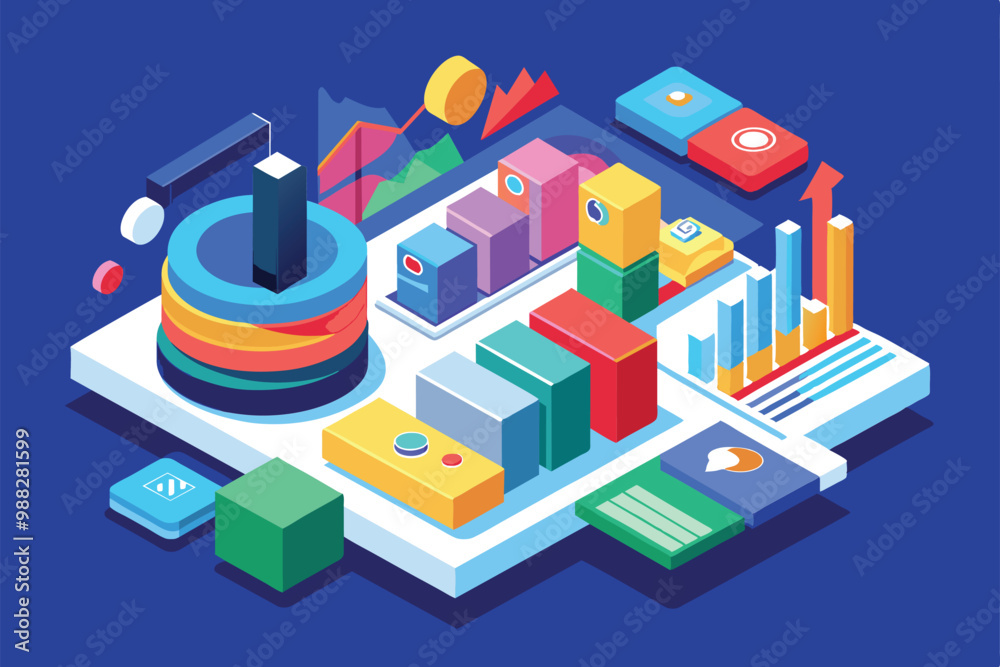 Obraz premium A vibrant isometric illustration displays various data trends and analytics tools arranged in a modern workspace, emphasizing customization and visualization.
