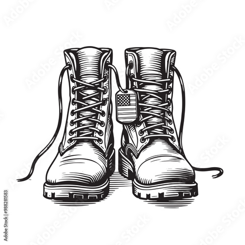 Sketch a pair of military boots on a white background Vector illustration