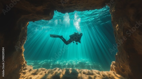 Scuba diver snorkeling inside a sunken shipwreck. photo