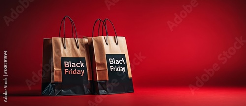 Two brown paper shopping bags emblazoned with Black Friday are prominently displayed against a bright red background, symbolizing holiday retail excitement and special deals photo