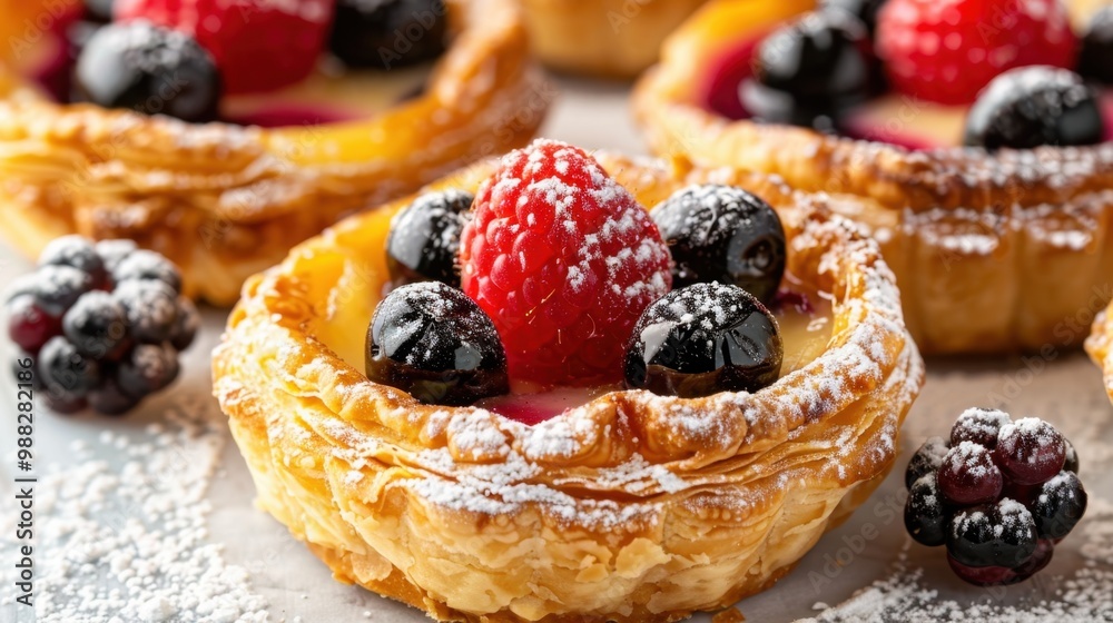 Tarts: Crumbly, buttery pastry shells filled with luscious custard, fresh fruits, or chocolate, creating a delightful combination of textures and flavors.
Tarts: Crumbly, buttery pastry shells filled with luscious custard, fresh fruits, or chocolate, creating a delightful combination of textures and flavors.