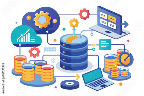 A vibrant illustration shows database synchronization and backup, featuring charts, gears, and devices, emphasizing technology and efficiency in data management.