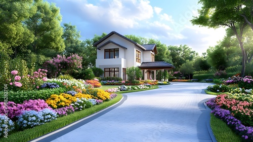 A beautiful house surrounded by vibrant flowers and lush greenery, creating a picturesque and serene landscape. photo