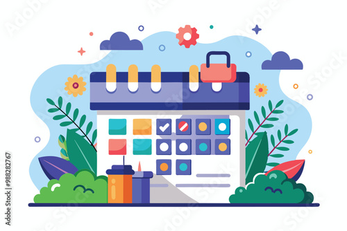 A date picker illustration showcases customizable options with vibrant colors, surrounded by greenery and blue skies filled with clouds.