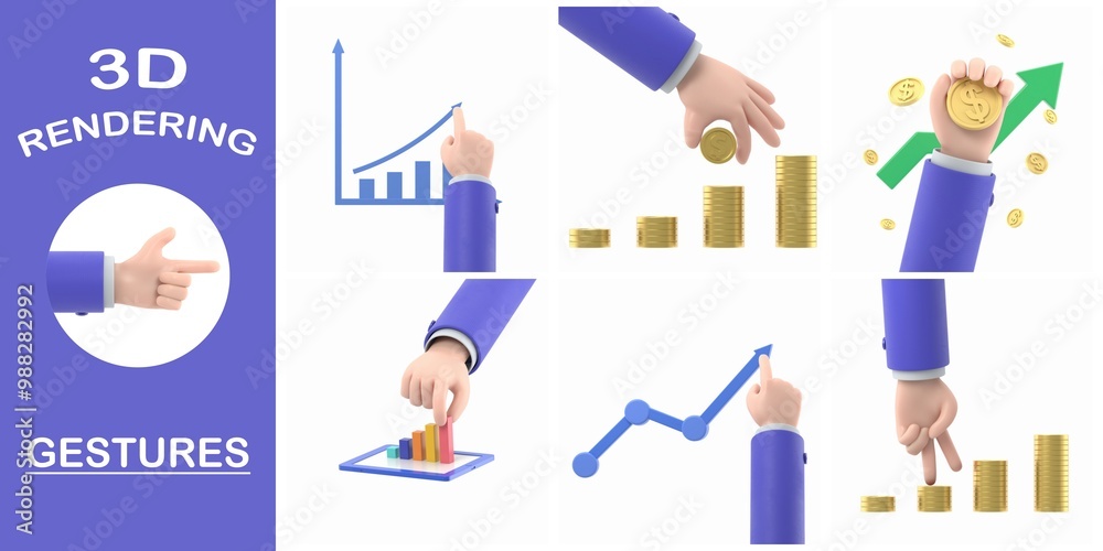 Fototapeta premium 3d rendering gestures Collection,Cartoon Gesture Icon Mockup.Male hand stacks up golden coins. Concept of personal investments and savings.3D rendering on white background. 