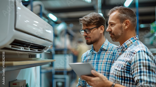 In a shop, store, an air conditioner salesman assists a consumer before buying an appliance. Consultation ensures the customer makes an informed home purchase, benefits and features photo