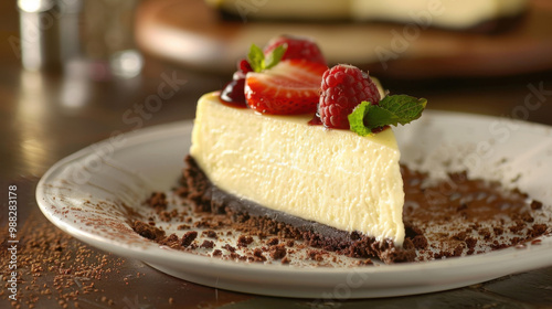 Cheesecake: A decadent dessert with a smooth cheese filling and graham cracker crust, available in various flavors including classic, chocolate, and fruit-topped. 