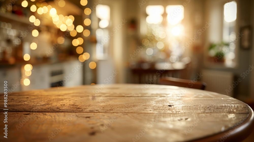 Wooden tabletop in a blurry kitchen setting, perfect for cooking and culinary inspiration