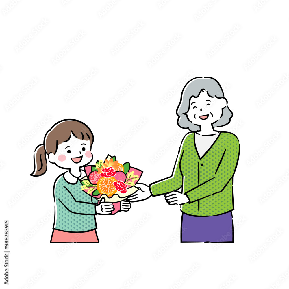 敬老の日のプレゼントを渡す子どもとおばあちゃん 4C_2 敬老の日のプレゼントを渡す子どもとおばあちゃん 4C_2
