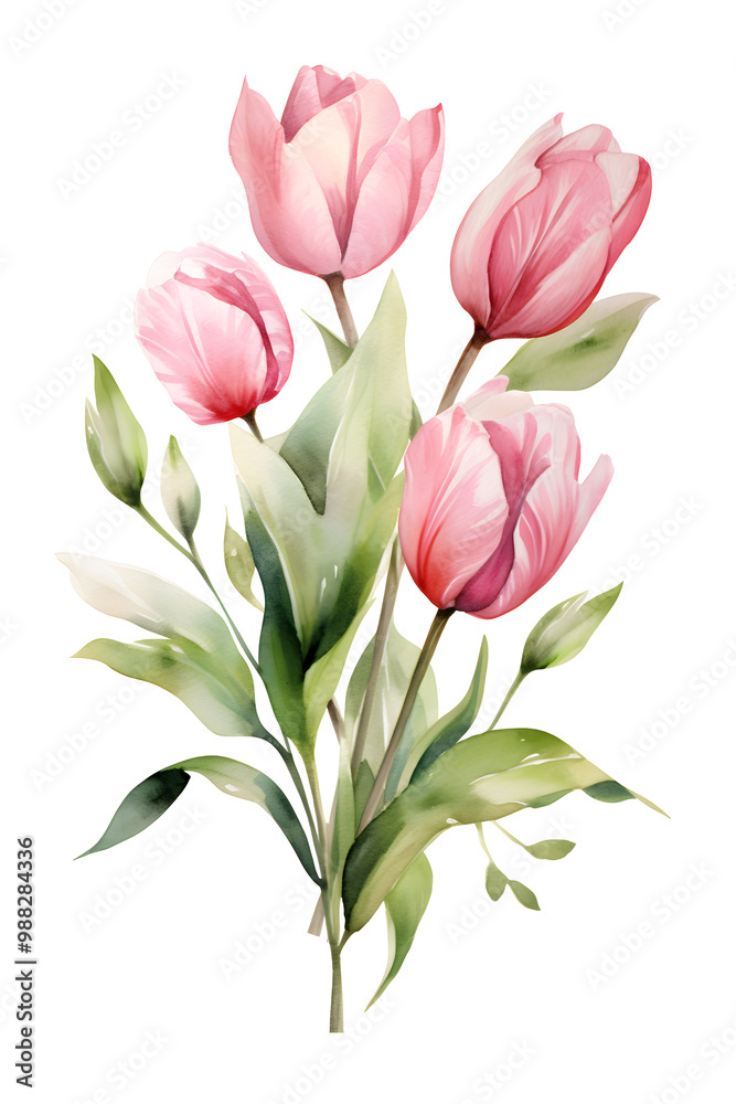 Fototapeta premium elegant watercolor tulips bouquet, floral clipart for cards, wallpaper decor, isolated