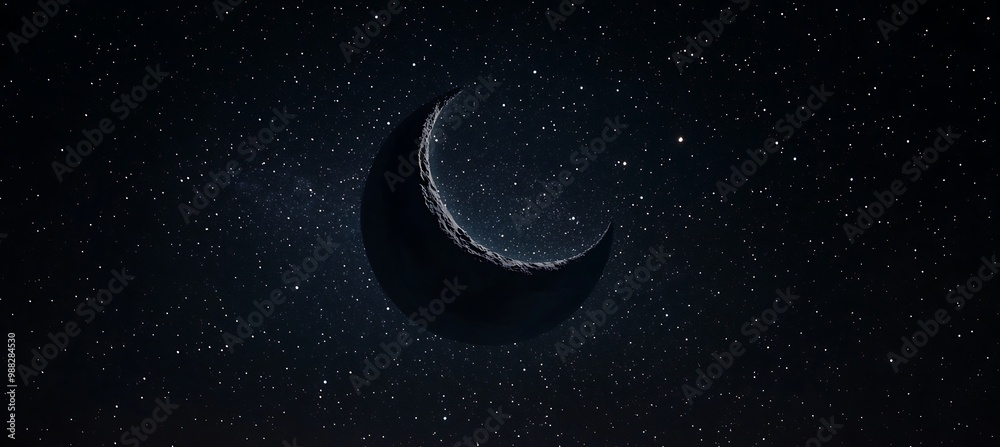 A dark, starry night sky with a prominent moon and a clear area for text A dark, starry night sky with a prominent moon and a clear area for text