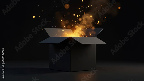 an open black box from which sprays of flame and sparks fly out. Ideal for advertising a gift, discount, surprise