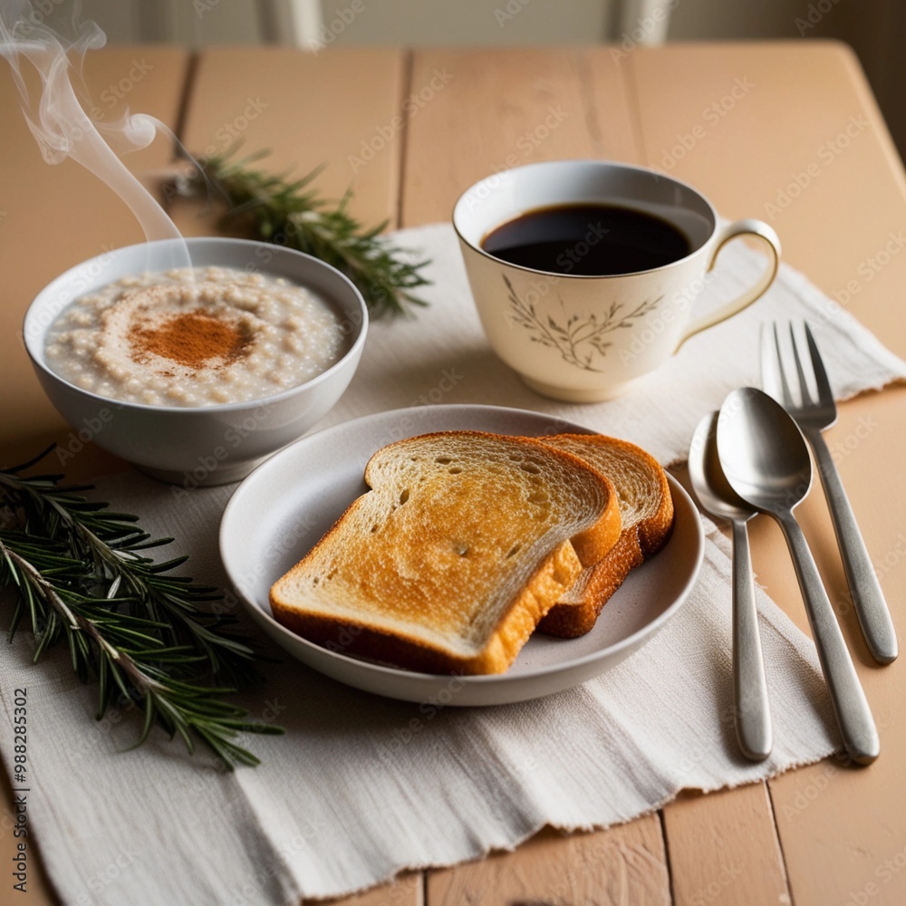 A hearty breakfast with porridge, coffee, and toast. A hearty breakfast with porridge, coffee, and toast.