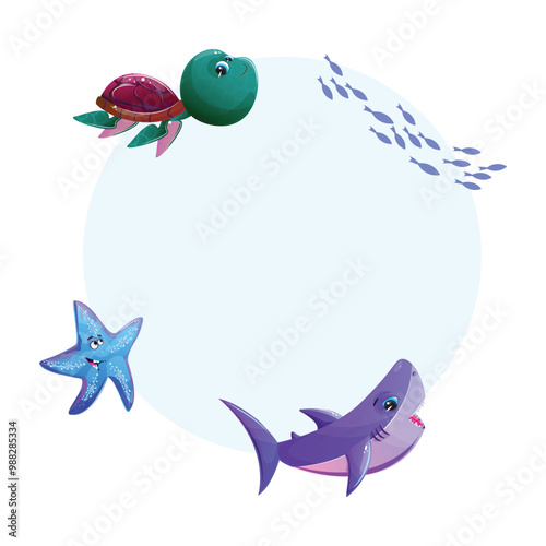 Underwater themed circle frame with marine animals like a shark, turtle, starfish, and fish pack