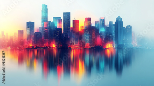 A vibrant city skyline reflecting on calm water at dawn, showcasing colorful lights and modern architecture. photo