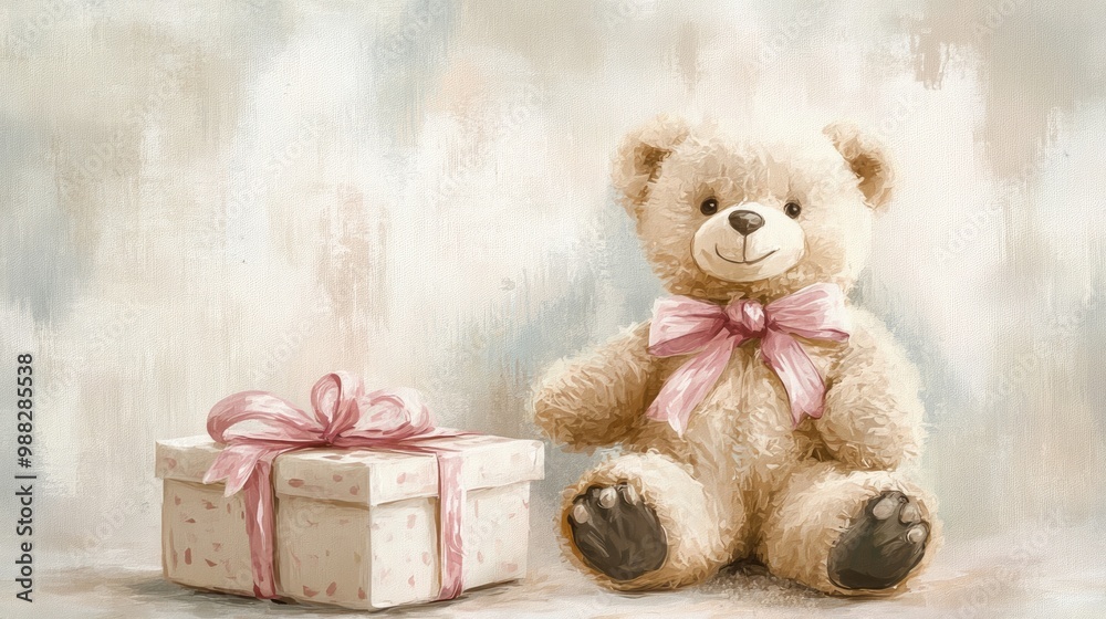 Birthday postcard featuring a teddy bear and a gift box in soft neutral hues Birthday postcard featuring a teddy bear and a gift box in soft neutral hues