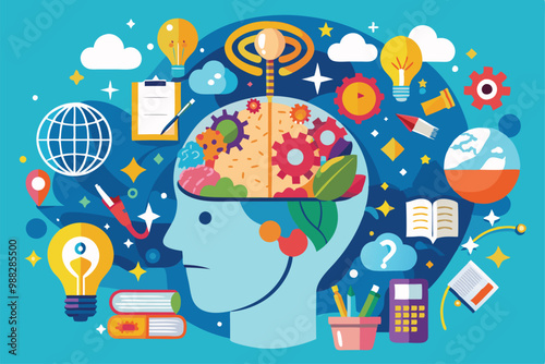 The artwork showcases a vibrant mind filled with symbols representing organization, creativity, and clarity, aimed at promoting mental decluttering.