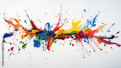 Vibrant paint splashes collide against a white backdrop