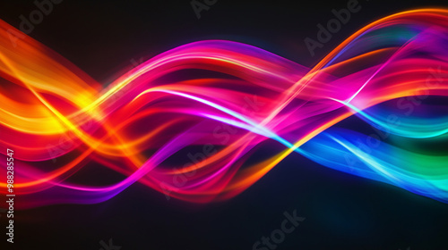 Abstract background featuring colorful rainbow light waves on a black backdrop, fluid lines, motion blur, bokeh effect, and vibrant colors with cinematic lighting.