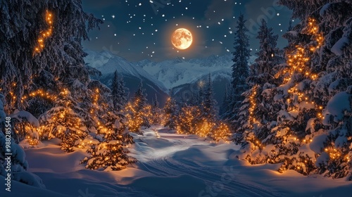 Enchanted winter night scene featuring magical fairy lights illuminating a snowy backdrop surrounded by alpine spruce trees after a snowstorm under a gleaming moon