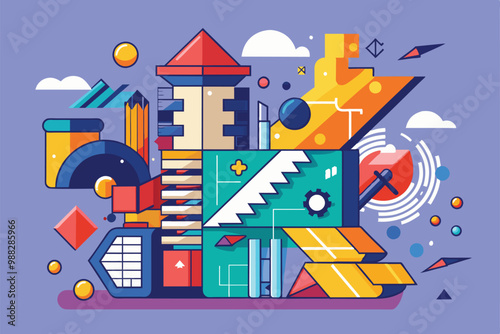 An abstract art installation showcases a vibrant arrangement of disproportionate shapes, textures, and colors, blending creativity and design seamlessly.