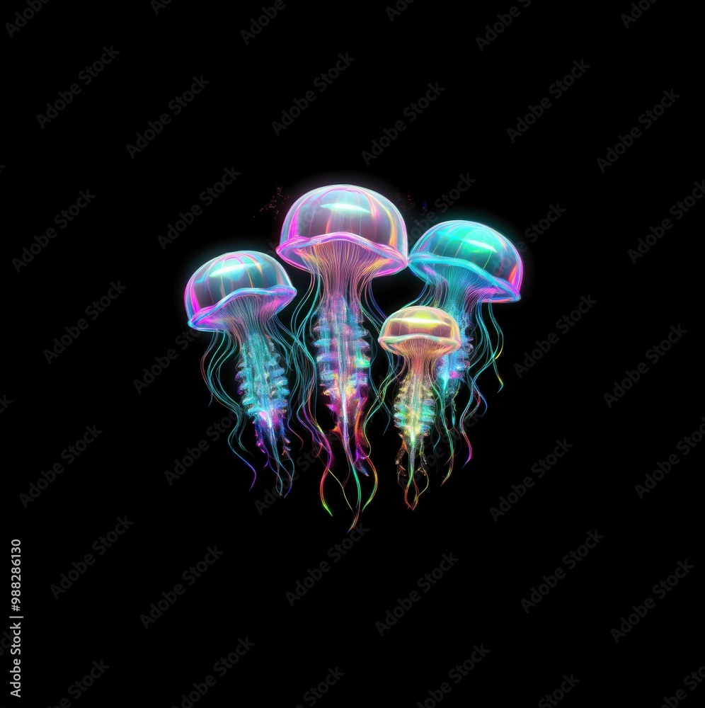 Four luminous jellyfish, with glowing, iridescent bodies and long, flowing tentacles, float against a dark background. Four luminous jellyfish, with glowing, iridescent bodies and long, flowing tentacles, float against a dark background.