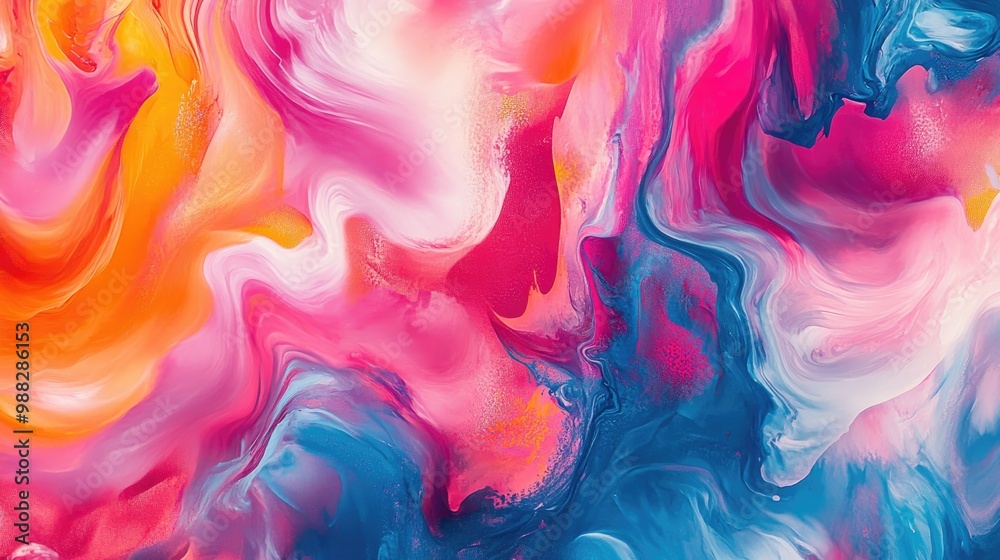 Fototapeta premium Captivating swirls of vivid pink orange and blue paints blend seamlessly embodying the spirit of abstract art