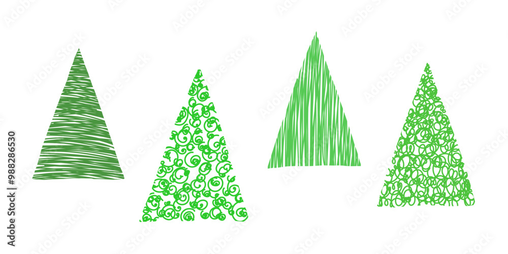 Christmas tree isolated on a white background. A painted green abstract Christmas tree, a symbol of the new year. A flat illustration for a holiday, decoration, congratulations. A set of icons, doodle Christmas tree isolated on a white background. A painted green abstract Christmas tree, a symbol of the new year. A flat illustration for a holiday, decoration, congratulations. A set of icons, doodle